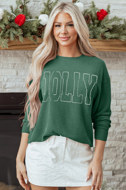 Black Twisted Rib Outlined Merry Letter Graphic Loose Long Sleeve Top