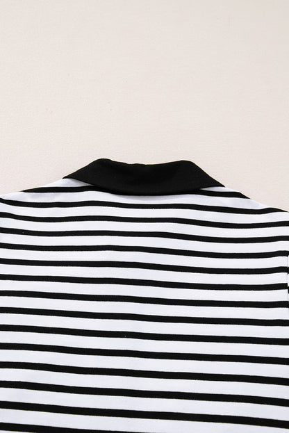 White Stripe Buttoned Front Collared Long Sleeve T Shirt Dress with Pockets