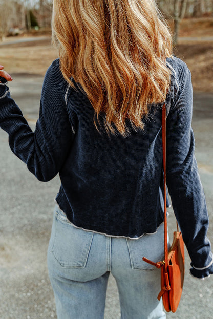 Gray Textured Round Neck Long Sleeve Top