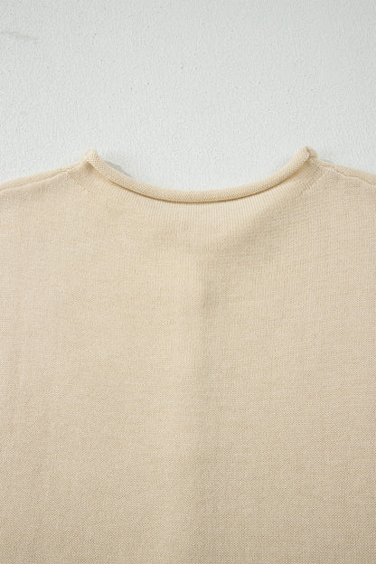 Apricot Buttoned Front Rolled Hem Cap Sleeve Sweater Top