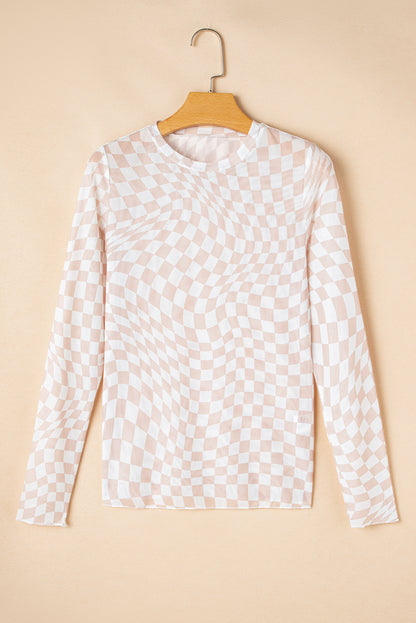 Black Checkered Pattern Mesh Mock Neck Long Sleeve Top