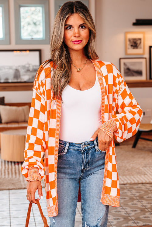 Black Checkered Open Front Drop Shoulder Cardigan