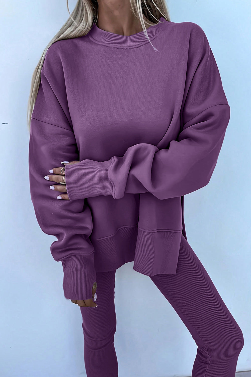 Green Bay Solid Color Oversize Slit Sweatshirt Ribbed Leggings 2pcs Set