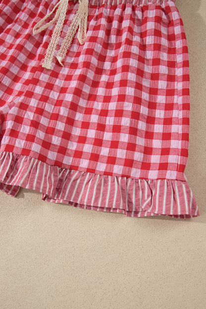 Red Gingham Print Ruffle Striped Detail Lace Tie Shorts