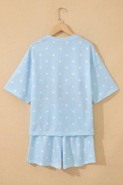 Black Exposed Seam Detail Polka Dot Loose Tee Drawstring Shorts Set