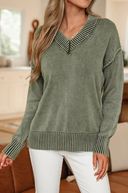 Black Mineral Wash V Neck Knit Exposed Seam Drop Shoulder Loose Sweater
