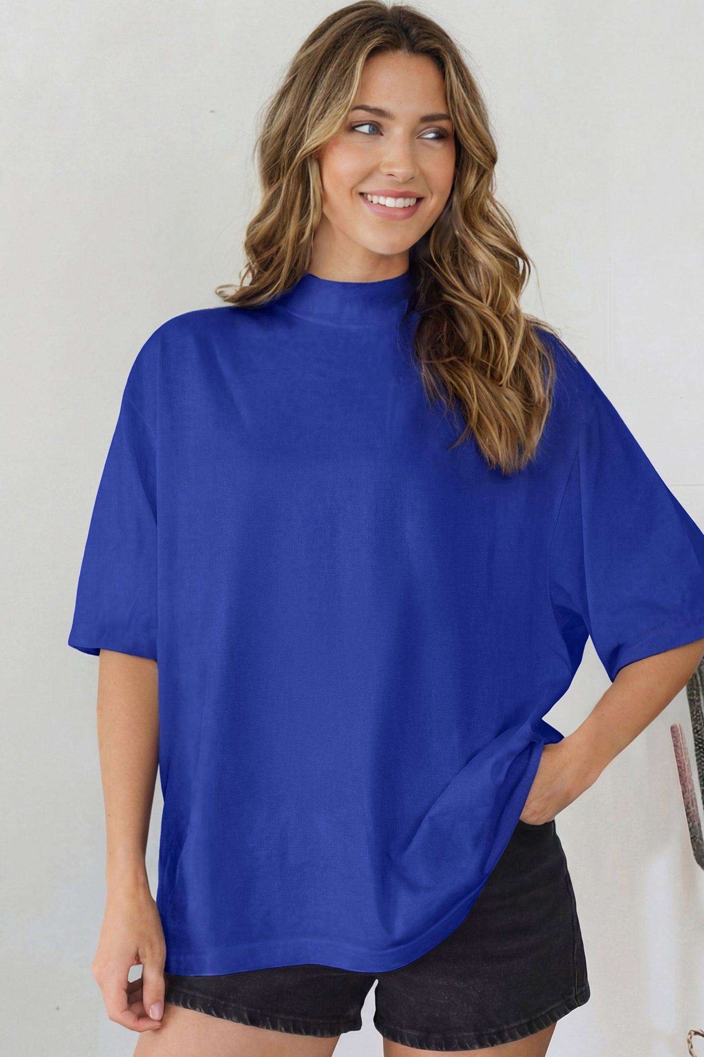Beau Blue Solid Color High Neck Oversize Tee