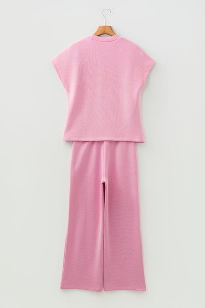 Pink Textured Knit High Neck Loose Tee Elastic Waist Loose Pant Set
