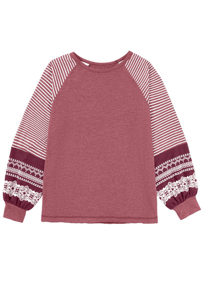 Navy Blue Contrast Print Striped Raglan Long Sleeve Loose Top