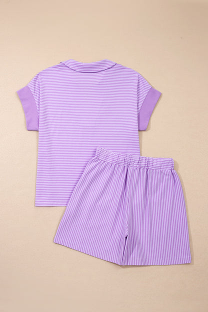 Khaki Stripe Dolman Sleeve Polo Shirt and Drawstring Shorts Set