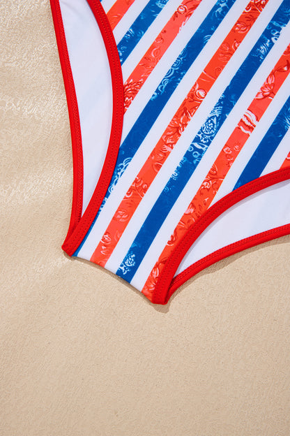 Red July 4th Stripes Star Floral Impression Cutout Spaghetti Straps One Piece Swimsuit