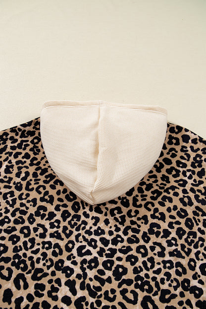 Leopard Print Waffle Contrast Kangaroo Pocket Hooded Sweatshirt