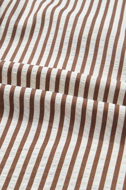 Brown Stripe Knot Waist Puff Sleeve Button Down Mini Shirt Dress