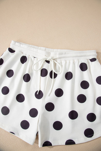 Sky Blue Polka Dot Print Drop Shoulder Pullover Drawstring Shorts Set