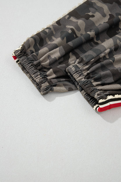 Khaki Camouflage Print Striped Side Panel Patchwork Drawstring Pants