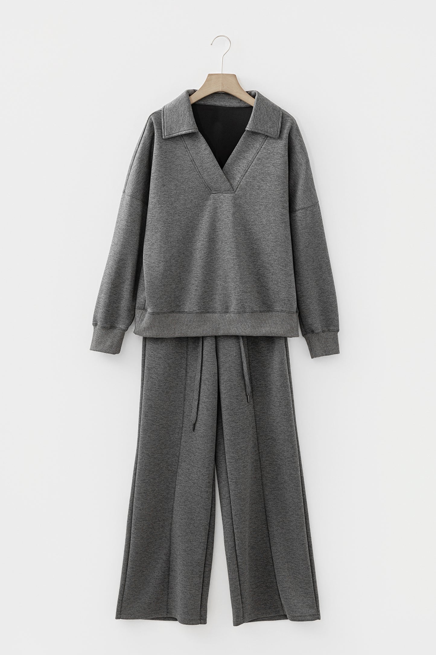 Bristol Black Collared V Neck Pullover Sweatshirt Sweatpants Set