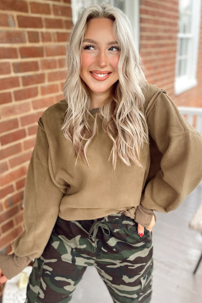 Dark Khaki Fuzzy Sherpa Splicing Pullover Sweatshirt with Side Slit