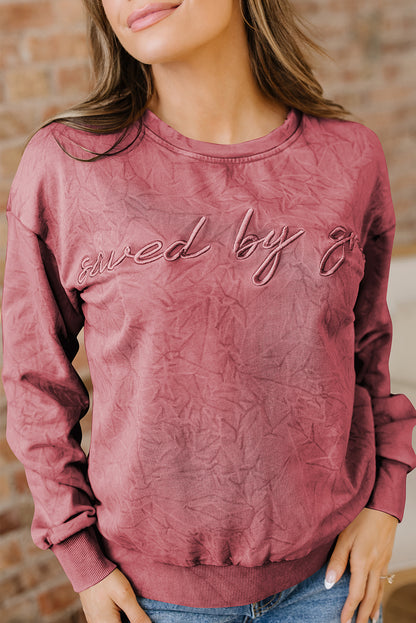 Mineral Red saved by grace Letter Embroidery Mineral Wash Loose Sweatshirt