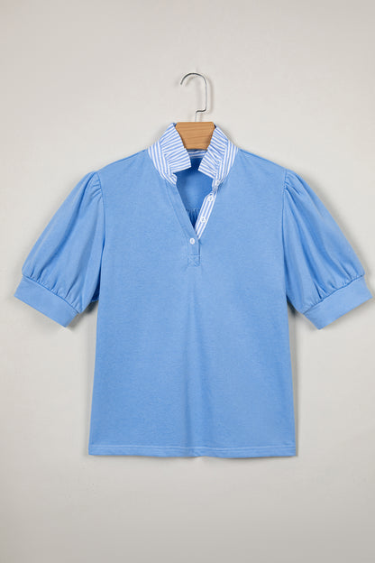 Sky Blue Striped Frilled Collar Short Sleeve Blouse
