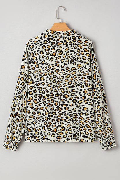 Khaki Leopard Print Contrast Striped V Neck Blouse