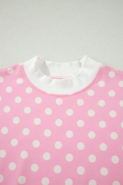 Sky Blue Polka Dot Print Color Block Trim Mock Neck Short Set