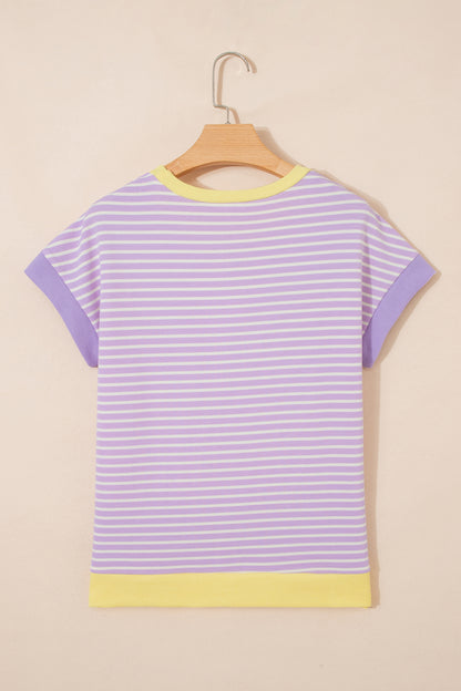 Purple Stripe Striped Colorblock Paneling Collar Cuff Hem Texture T-Shirt