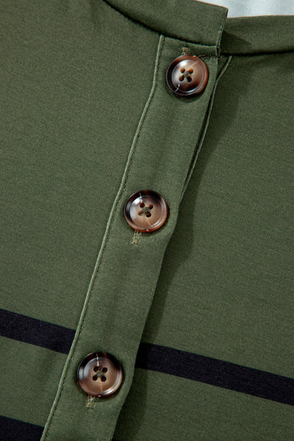 Four Leaf Clover Striped Half Buttons Crew Neck T-Shirt