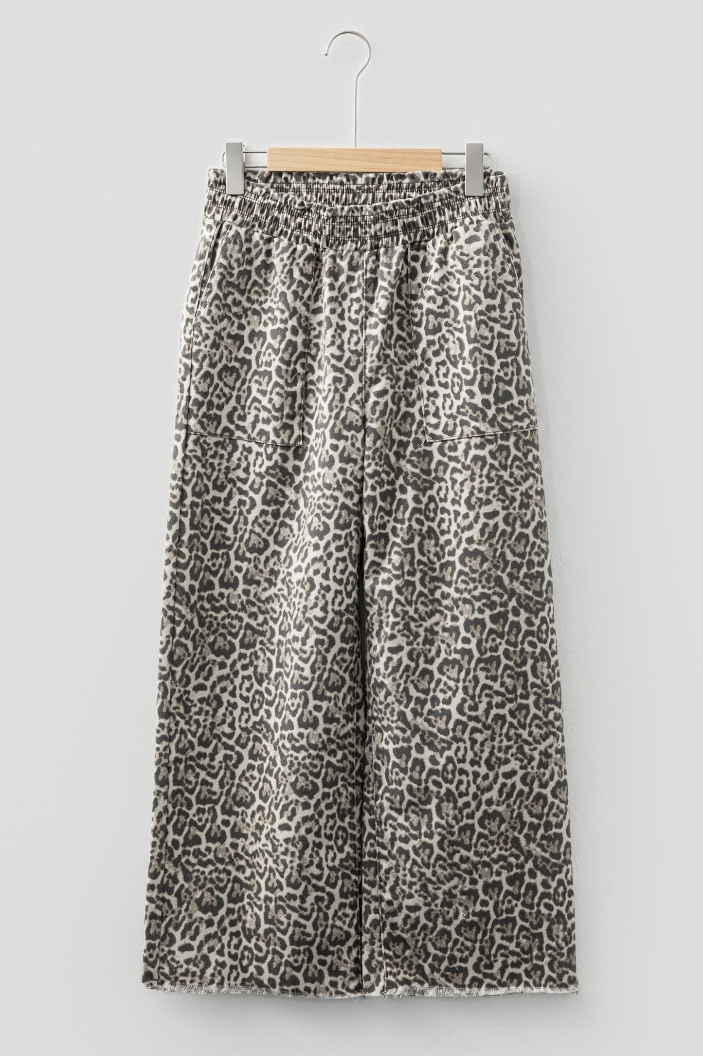 Brown Leopard Print Raw Hem Elastic Waist Loose Pull On Jeans
