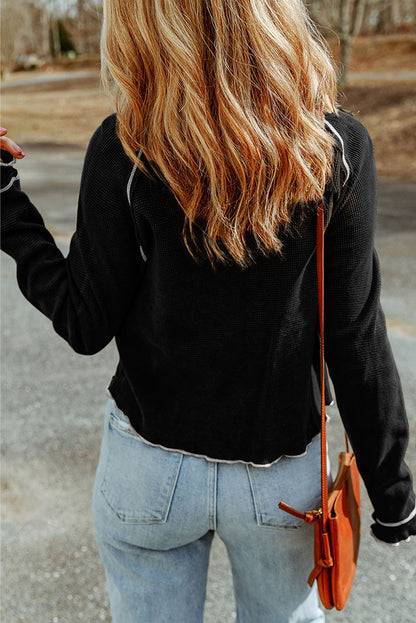 Gray Textured Round Neck Long Sleeve Top
