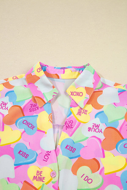 Pink Valentines Candy Heart V Neck Collared Tunic Shirt and Shorts 2pcs Pajama Set