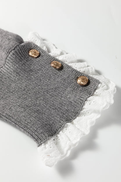 Sleet Lace Trim Patchwork Buttoned Cuffs Loose Sweater