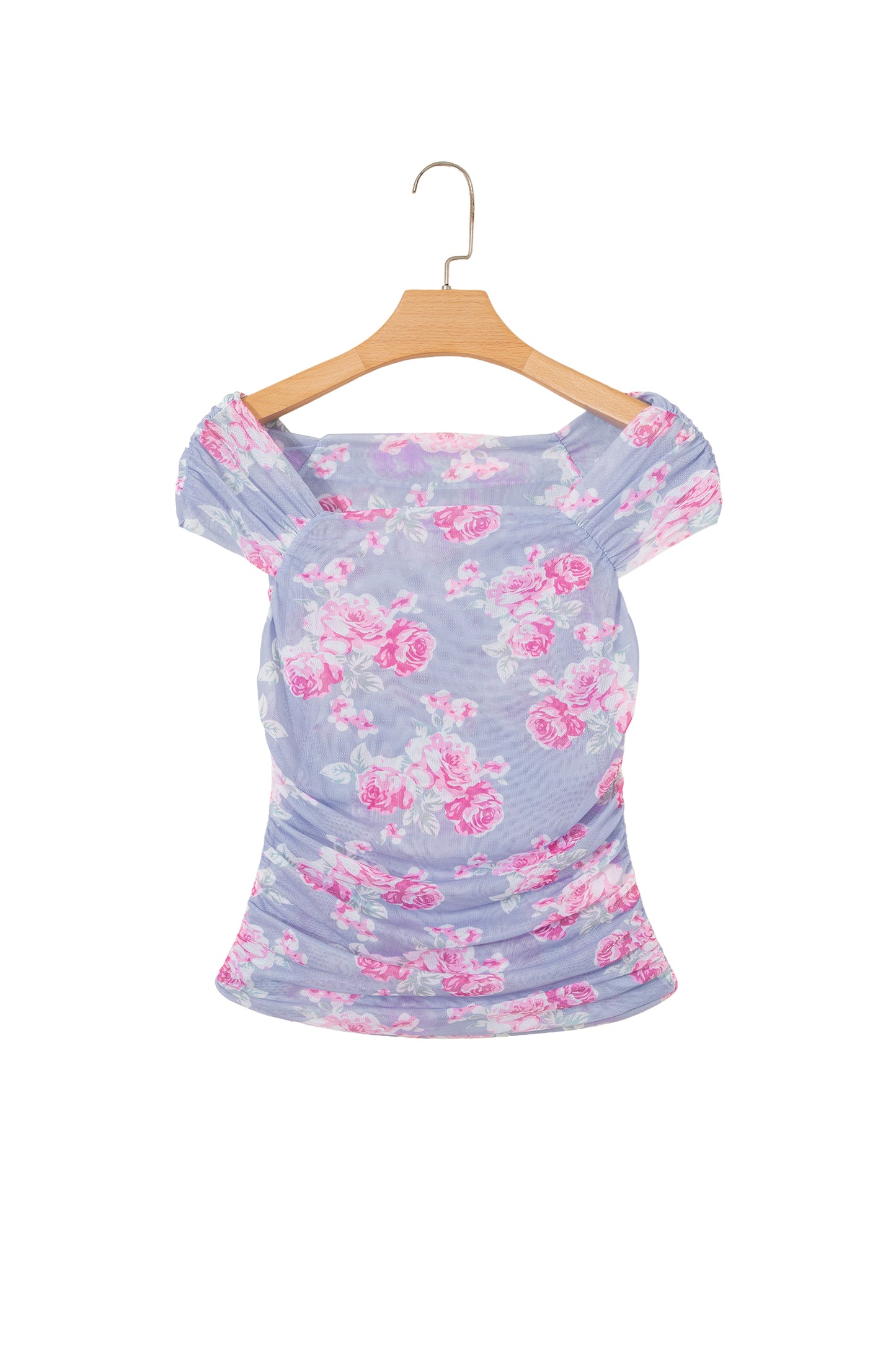 Sky Blue Square Neck Cap Sleeve Ruched Floral Mesh Top