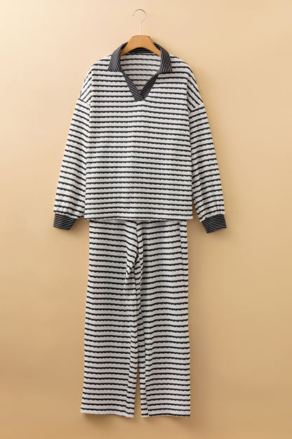 Sky Blue Stripe Collared Pullover Top and Drawstring Pant Set