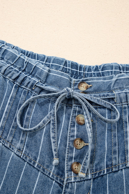 Sky Blue Stripe Button Pleated Drawstring Waist Casual Wide Leg Jeans