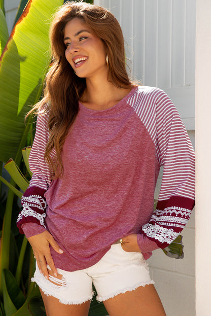 Navy Blue Contrast Print Striped Raglan Long Sleeve Loose Top