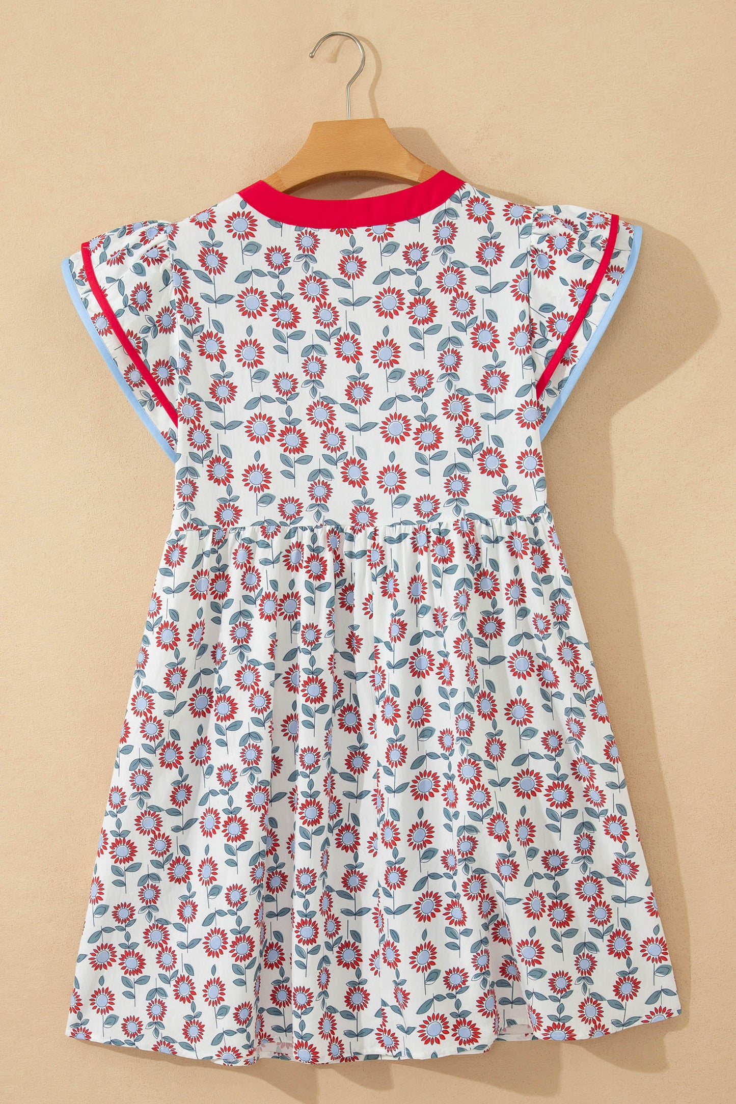 Sky Blue Floral Print Contrast Trim Flutter Sleeve Mini Dress