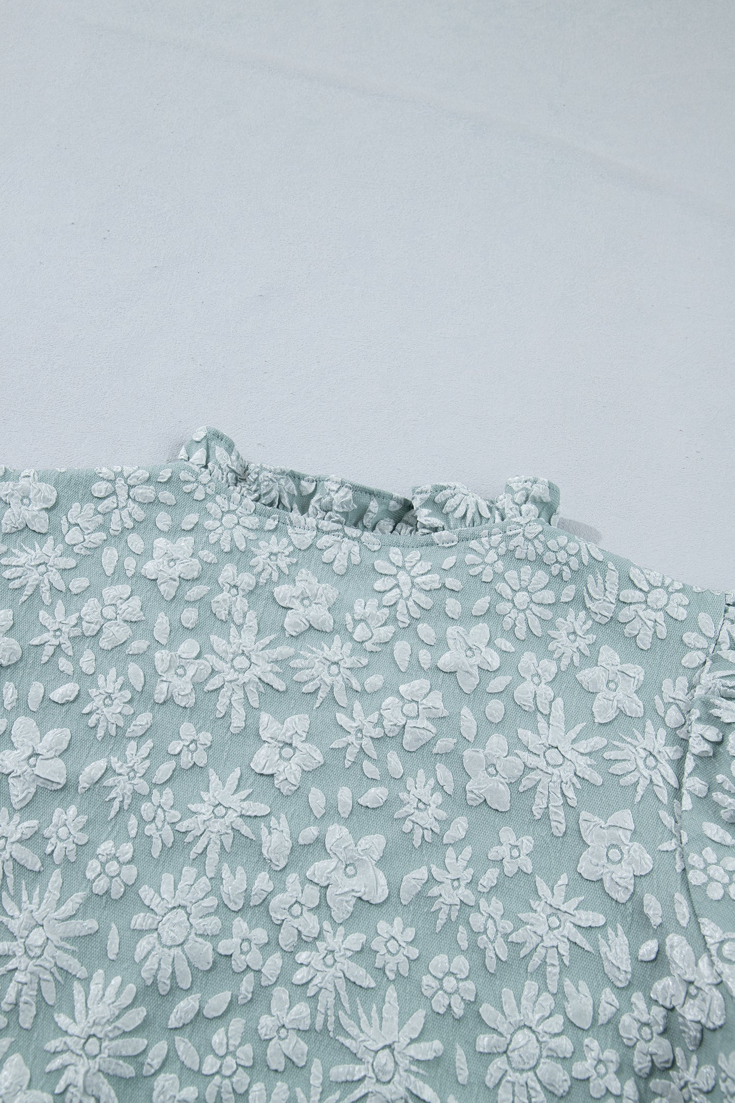 Iceland Blue Floral Textured Jacquard Puff Sleeve Blouse