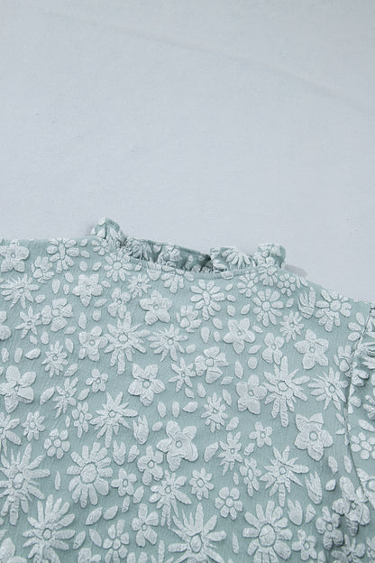 Iceland Blue Floral Textured Jacquard Puff Sleeve Blouse
