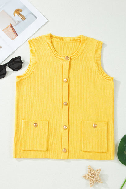Yellow Cream Solid Color Sleeveless Knit Button Pocketed Sweater