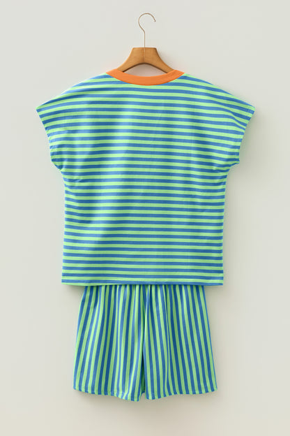 Pink Stripe Colorblock Trim V Neck Tee Drawstring Elastic Waist Short Set