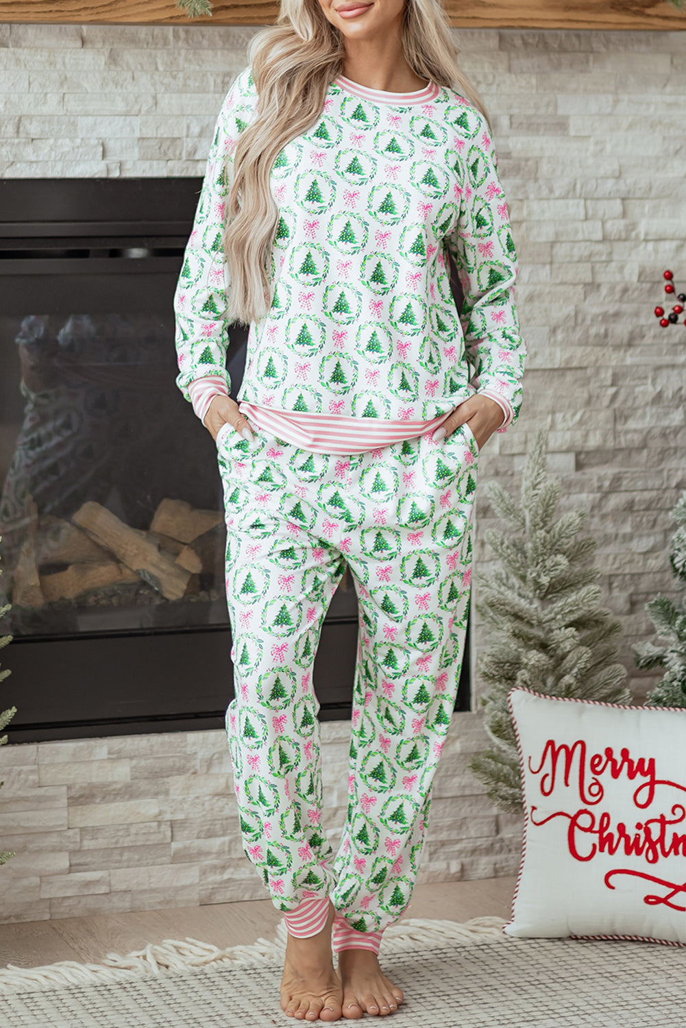 Pink Bow Christmas Tree Print Contrast Striped Banding 2pcs Lounge Set