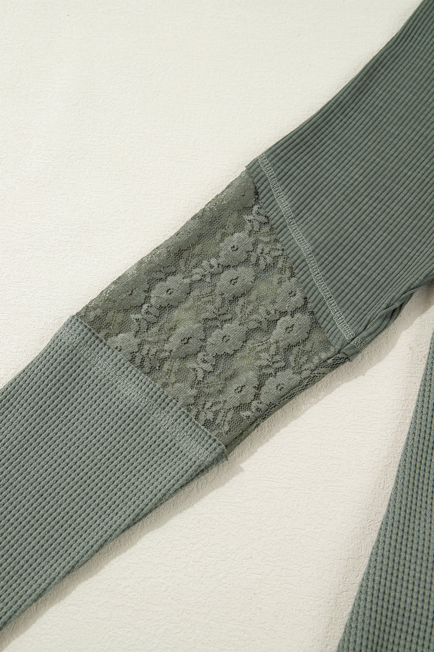 Sage Green Solid Color Waffle Ribbed Lace Patchwork Long Sleeve Top