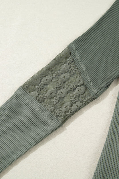 Sage Green Solid Color Waffle Ribbed Lace Patchwork Long Sleeve Top