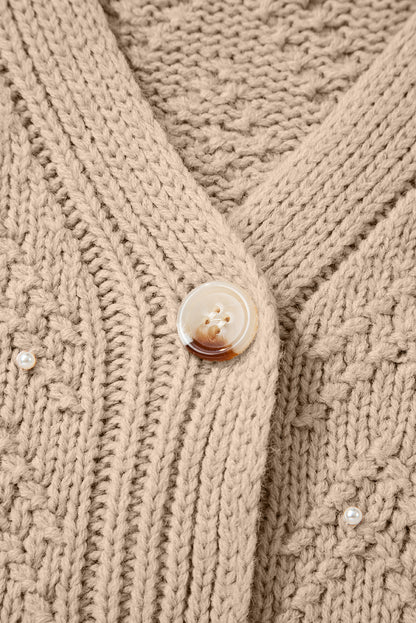 Smoke Gray Pearl Embellished Button Front V Neck Sweater Cardigan