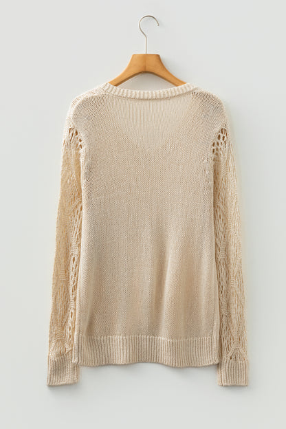 Beau Blue Solid V Neck Pointelle Knit Sleeve Patchwork Sweater