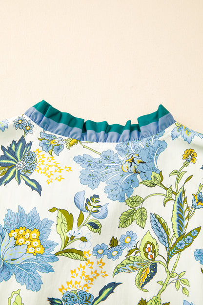 Sky Blue Plus Size Frilled V Neck Short Sleeve Floral Blouse