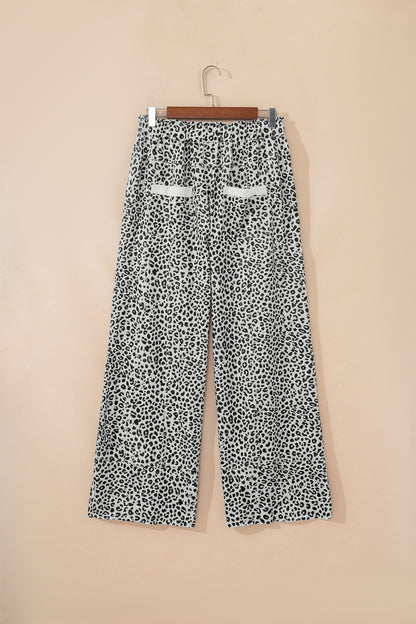 Gray Animal Print Wide Leg Terry Knit Pants