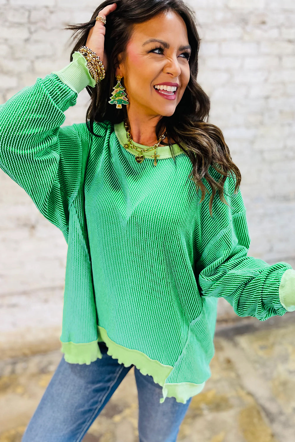 Myosotis Twisted Rib Uneven Hem Drop Shoulder Loose Knit Top