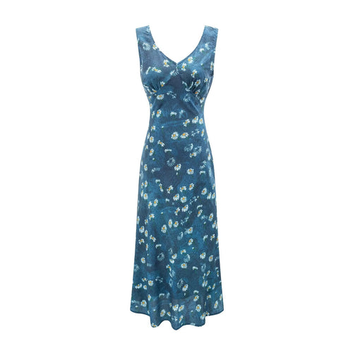 Winter Retro Printed Sexy V neck Lace up Tight Waist Blue Background Printed Dress