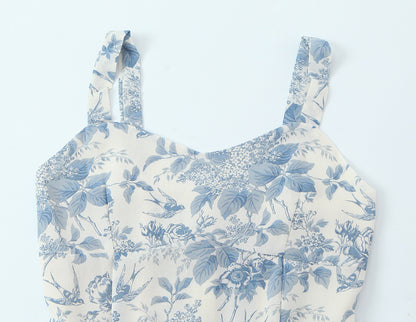 Floral Swallow Print Slim Fit Slimming Large Cami Dress for Women Spring